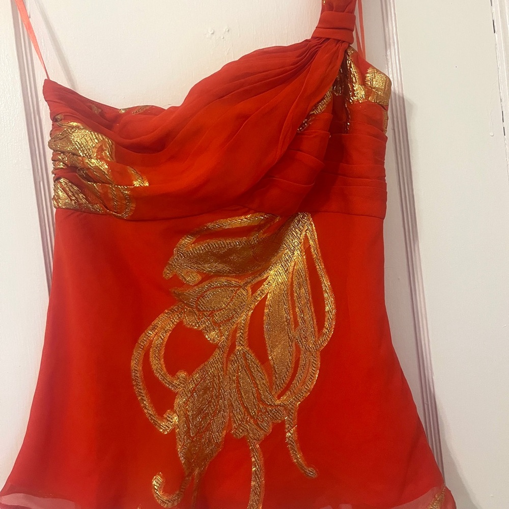 Banana Republic Y2K Asymmetrical Flouncy Red Top with Gold Accents